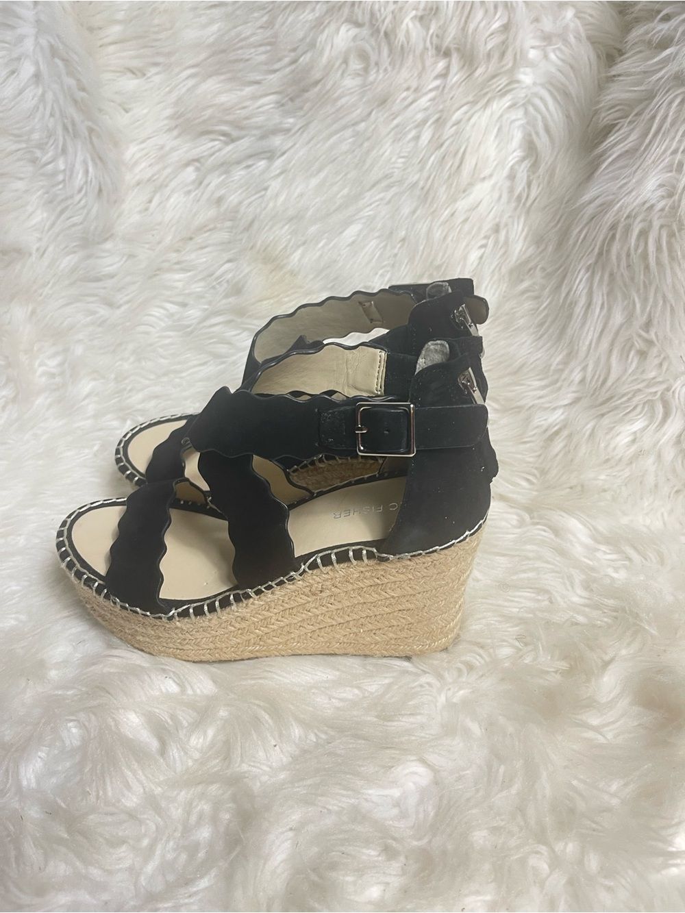 Marc Fisher leather suede Black Scalloped Strap Wedge platform Espadrilles SZ7.5